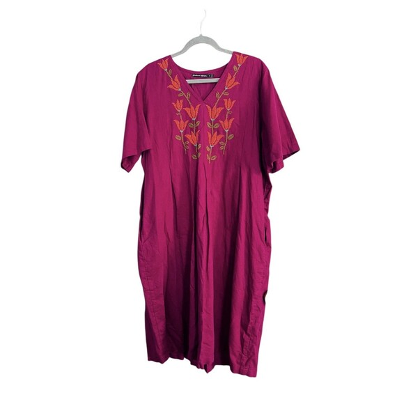 Gudrun Sjödén Women's Dress Linen Blend Floral Embroidery Burgundy Size Large